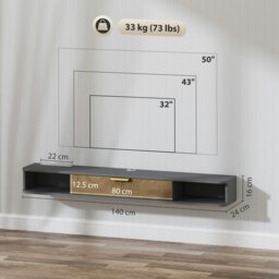 Rackhams 140 cm Floating TV Unit with Storage Entertainment Media Console Grey - Charcoal grey - thumbnail 5