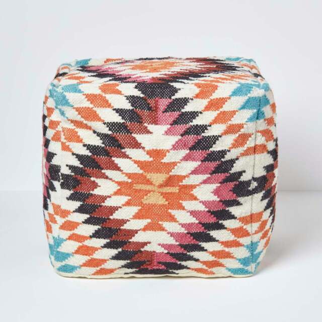 Rackhams Manila Orange and Pink Kilim Footstool Handwoven Beanbag Pouffe - 43 x 43 cm - image 1