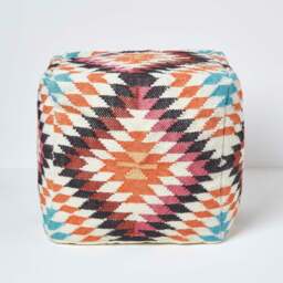 Rackhams Manila Orange and Pink Kilim Footstool Handwoven Beanbag Pouffe - 43 x 43 cm