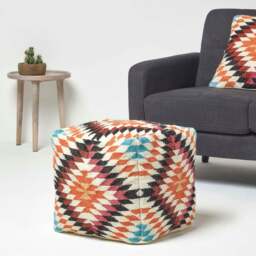 Rackhams Manila Orange and Pink Kilim Footstool Handwoven Beanbag Pouffe - 43 x 43 cm - thumbnail 2