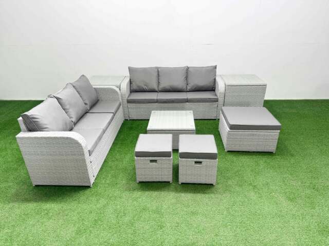 Rackhams Outdoor Garden Furniture Set 9 Seater Rattan Furniture Sofa Set with Square Coffee Table high Back Lounge Sofa 3 Stools 2 Side Table Light Grey - image 1