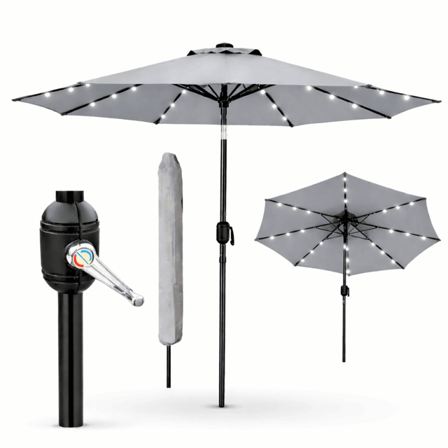 Rackhams Garden Parasol Solar LED 2.7M ,Tilting Table Umbrella with Crank Handle, Protection UV40, Includes Parasol Cover- Grey - image 1