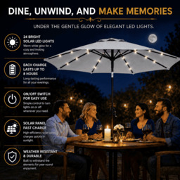 Rackhams Garden Parasol Solar LED 2.7M ,Tilting Table Umbrella with Crank Handle, Protection UV40, Includes Parasol Cover- Grey - thumbnail 4