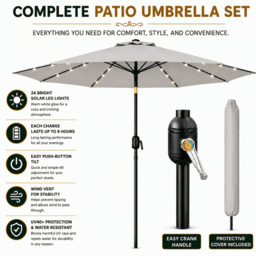 Rackhams Garden Parasol Solar LED 2.7M ,Tilting Table Umbrella with Crank Handle, Protection UV40, Includes Parasol Cover- Grey - thumbnail 5
