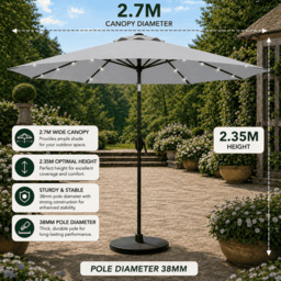 Rackhams Garden Parasol Solar LED 2.7M ,Tilting Table Umbrella with Crank Handle, Protection UV40, Includes Parasol Cover- Grey - thumbnail 2