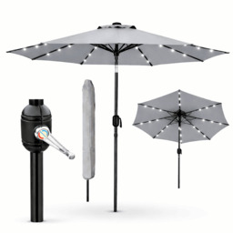 Rackhams Garden Parasol Solar LED 2.7M ,Tilting Table Umbrella with Crank Handle, Protection UV40, Includes Parasol Cover- Grey - thumbnail 1