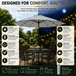 Rackhams Garden Parasol Solar LED 2.7M ,Tilting Table Umbrella with Crank Handle, Protection UV40, Includes Parasol Cover- Grey - thumbnail 3