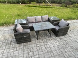 Rackhams Rattan Wicker Garden Furniture Patio Conservatory Sofa Set with Rectangular Dining Table Reclining Chair 3 Seater Sofa 2 Side Tables - thumbnail 1
