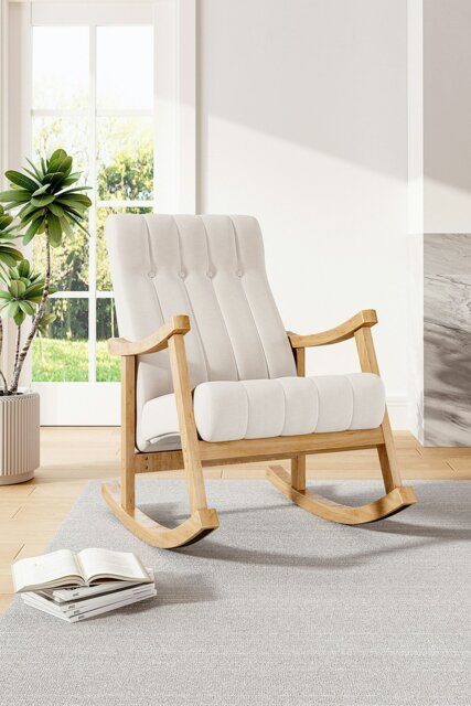 Rackhams Velvet Upholstered Tufting Rocking Chair - Beige - image 1