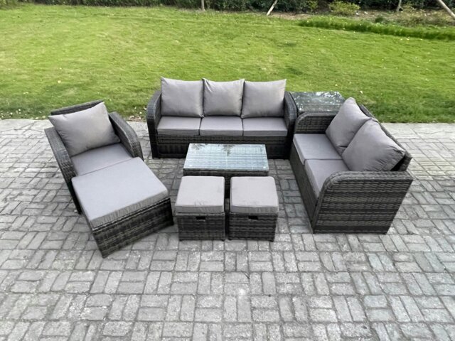 Rackhams Outdoor Garden Furniture Sets 8 Pieces Wicker Rattan Furniture Sofa Sets with Rectangular Coffee Table Loveseat Sofa 3 Footstools Side Table - image 1