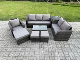 Rackhams Outdoor Garden Furniture Sets 8 Pieces Wicker Rattan Furniture Sofa Sets with Rectangular Coffee Table Loveseat Sofa 3 Footstools Side Table - thumbnail 1