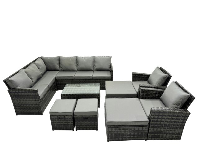 Rackhams 12 Seat Poly Rattan Outdoor Patio Coffee Table Corner Sofa Sets with 4 Stools 2 Chairs for Garden Backyard Dark Grey Mixed - image 1