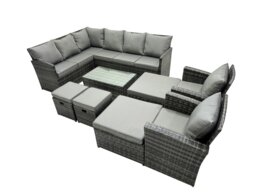 Rackhams 12 Seat Poly Rattan Outdoor Patio Coffee Table Corner Sofa Sets with 4 Stools 2 Chairs for Garden Backyard Dark Grey Mixed - thumbnail 2