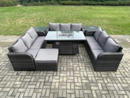Rackhams Rattan Outdoor Garden Furniture Set with Gas Fire Pit Table, 2 Side Tables, 3 Sofas, 1 Footstool - 10 Seater - Dark Grey - thumbnail 1