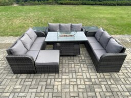 Rackhams Rattan Outdoor Garden Furniture Set with Gas Fire Pit Table, 2 Side Tables, 3 Sofas, 1 Footstool - 10 Seater - Dark Grey - thumbnail 2