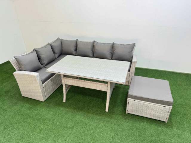 Rackhams 7 Seater Rattan Garden Furniture Set Outdoor Patio Dining Corner Sofa Sets with Dining Table Big Footstool Light Grey Mixed - image 1