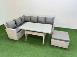 Rackhams 7 Seater Rattan Garden Furniture Set Outdoor Patio Dining Corner Sofa Sets with Dining Table Big Footstool Light Grey Mixed - thumbnail 1