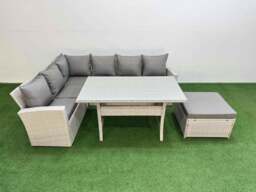 Rackhams 7 Seater Rattan Garden Furniture Set Outdoor Patio Dining Corner Sofa Sets with Dining Table Big Footstool Light Grey Mixed - thumbnail 2