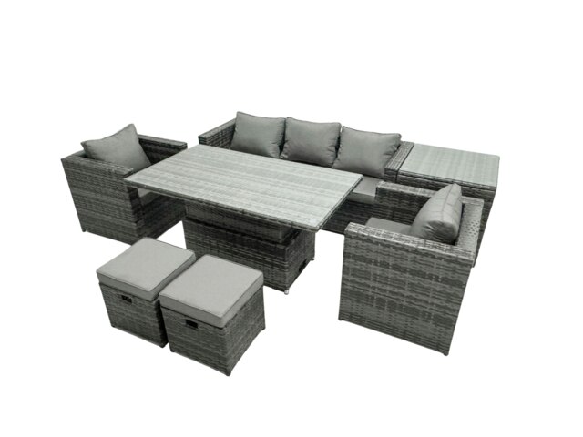 Rackhams Rattan Garden Furniture Set Rising Adjustable Dining Table Lounge Sofa Set With Foostools Dark Grey Mixed Extra Side High Tall Coffee Tea Table - image 1