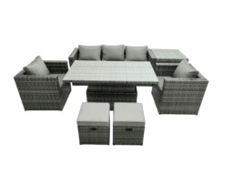 Rackhams Rattan Garden Furniture Set Rising Adjustable Dining Table Lounge Sofa Set With Foostools Dark Grey Mixed Extra Side High Tall Coffee Tea Table - thumbnail 2