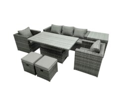 Rackhams Rattan Garden Furniture Set Rising Adjustable Dining Table Lounge Sofa Set With Foostools Dark Grey Mixed Extra Side High Tall Coffee Tea Table