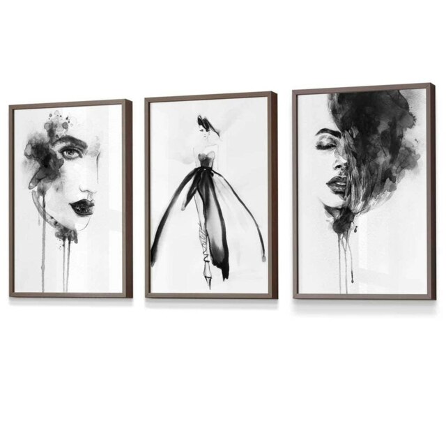 Rackhams Set of 3 Framed Fashion Wall Art Prints from Watercolour Illustrations - 42x59cm (A2) - Light Walnut - image 1