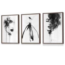 Rackhams Set of 3 Framed Fashion Wall Art Prints from Watercolour Illustrations - 42x59cm (A2) - Light Walnut - thumbnail 1