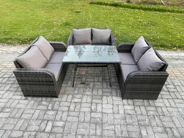 Rackhams Rattan Garden Furniture Set 6 Seater Patio Outdoor Love Sofa Set with Rectangular Dining Table Dark Grey Mixed - image 1