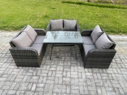 Rackhams Rattan Garden Furniture Set 6 Seater Patio Outdoor Love Sofa Set with Rectangular Dining Table Dark Grey Mixed - thumbnail 1