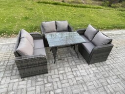 Rackhams Rattan Garden Furniture Set 6 Seater Patio Outdoor Love Sofa Set with Rectangular Dining Table Dark Grey Mixed - thumbnail 2