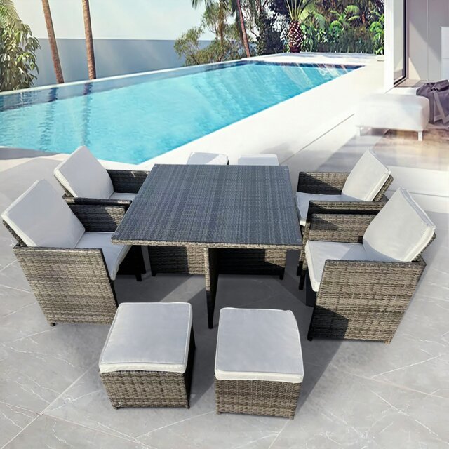Rackhams 8 Seater Rattan Garden Furniture Set, 9 Piece Dining Table Set with Soft Cushion, Tempered Glass Top Table, Stools & Waterproof Cover - Gray - image 1