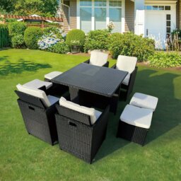 Rackhams 8 Seater Rattan Garden Furniture Set, 9 Piece Dining Table Set with Soft Cushion, Tempered Glass Top Table, Stools & Waterproof Cover - Gray - thumbnail 2