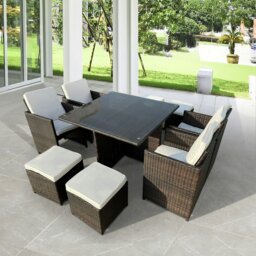 Rackhams 8 Seater Rattan Garden Furniture Set, 9 Piece Dining Table Set with Soft Cushion, Tempered Glass Top Table, Stools & Waterproof Cover - Gray - thumbnail 3
