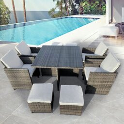 Rackhams 8 Seater Rattan Garden Furniture Set, 9 Piece Dining Table Set with Soft Cushion, Tempered Glass Top Table, Stools & Waterproof Cover - Gray - thumbnail 1