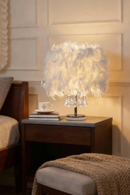 Rackhams Modern Feather Bedside Table Lamp - White - One Size - image 1