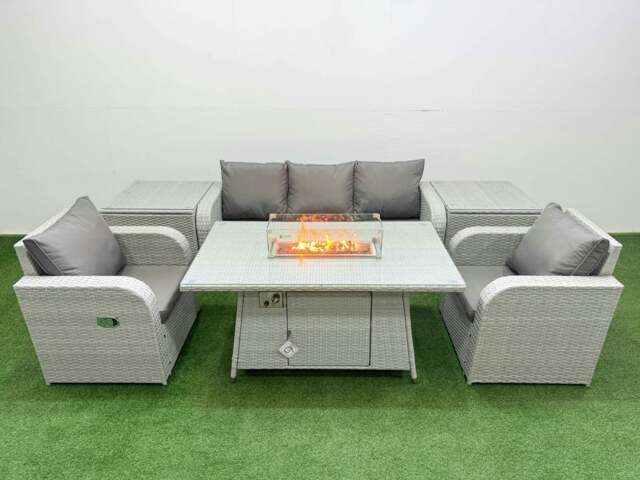 Rackhams PE Rattan Garden Furniture Set Reclining Chair Sofa Lounge Sofa Set Fire Pit Dining Table 2 Side Table Light Grey - image 1