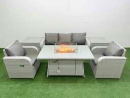 Rackhams PE Rattan Garden Furniture Set Reclining Chair Sofa Lounge Sofa Set Fire Pit Dining Table 2 Side Table Light Grey - thumbnail 1