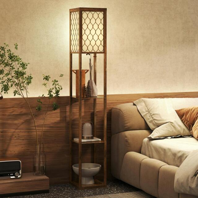 Rackhams Modern Floor Lamp Light with 3 Shelves Fabric Lampshade, Rustic Brown - Bulb not included - MDF, Cotton - Floor Lamp - image 1