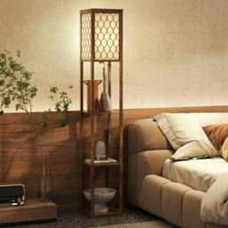 Rackhams Modern Floor Lamp Light with 3 Shelves Fabric Lampshade, Rustic Brown - Bulb not included - MDF, Cotton - Floor Lamp