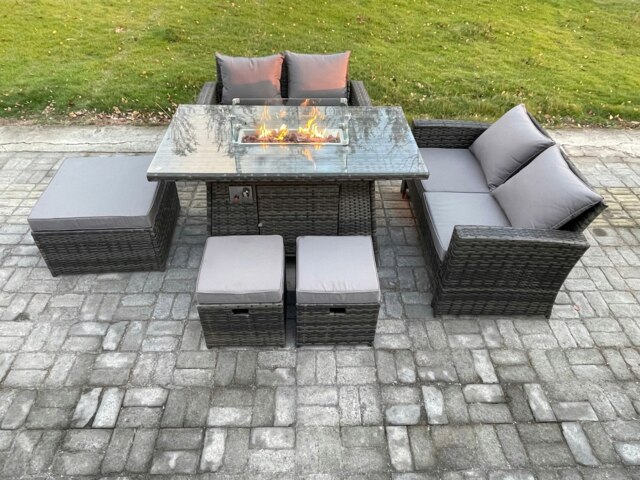 Rackhams 7 Seater Rattan Garden Furniture Set Outdoor Lounge Sofa Chair Gas Fire Pit Dining Table Set With 3 Footstools Double Seat Sofa - image 1