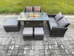 Rackhams 7 Seater Rattan Garden Furniture Set Outdoor Lounge Sofa Chair Gas Fire Pit Dining Table Set With 3 Footstools Double Seat Sofa - thumbnail 1