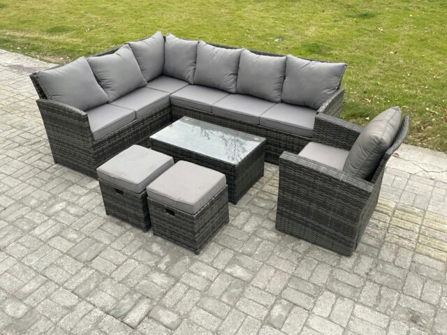 Rackhams Rattan Lounge Corner Sofa Set Wicker PE Outdoor Garden Furniture Set with Rectangular Coffee Table 2 Small Footstools Chair Dark Grey Mixed - image 1