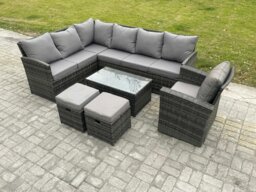 Rackhams Rattan Lounge Corner Sofa Set Wicker PE Outdoor Garden Furniture Set with Rectangular Coffee Table 2 Small Footstools Chair Dark Grey Mixed - thumbnail 1