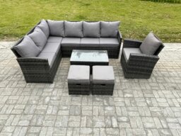Rackhams Rattan Lounge Corner Sofa Set Wicker PE Outdoor Garden Furniture Set with Rectangular Coffee Table 2 Small Footstools Chair Dark Grey Mixed - thumbnail 2