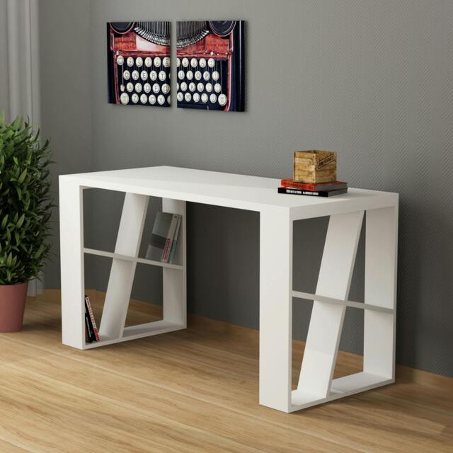 Rackhams Honey Modern Desk with Integrated Bookshelf Storage 137cm - White - image 1
