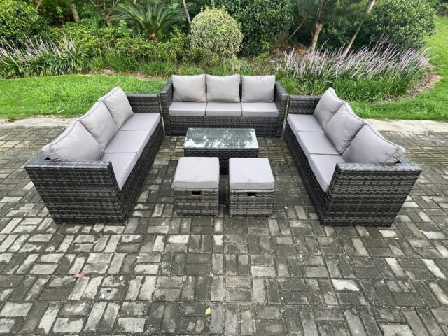 Rackhams Outdoor Lounge Sofa Set Wicker PE Rattan Garden Furniture Set with Oblong Coffee Table 2 Small Footstools Dark Grey Mixed - image 1
