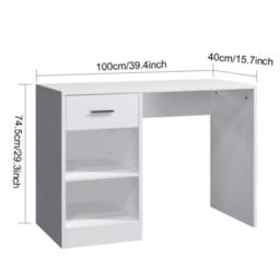 Rackhams 100cm Computer Desk with Drawer & 2 Shelves Home Office Laptop Table - MDF - White - 1 - thumbnail 3