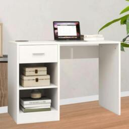 Rackhams 100cm Computer Desk with Drawer & 2 Shelves Home Office Laptop Table - MDF - White - 1 - thumbnail 2