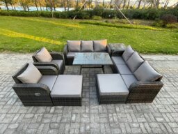 Rackhams Outdoor Lounge Sofa Set Wicker PE Rattan Garden Furniture Set with Rectangular Dining Table Side Table 2 Big Footstool Dark Grey Mixed - thumbnail 1