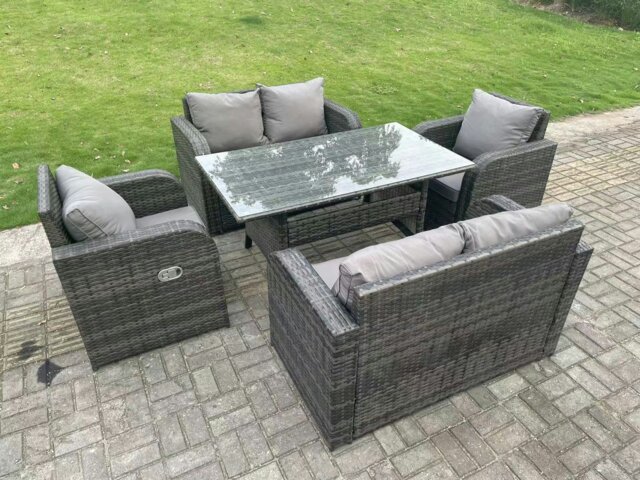 Rackhams 6 Seater Dark Grey PE Wicker Rattan Garden Furniture Set Reclining Chair 2 Seater Love Sofa Set Outdoor Rectangular Dining Table - image 1